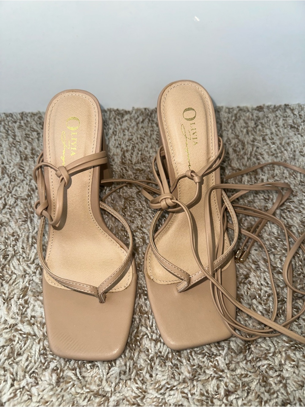 Miss Lola Nude Strappy Square-Toe Lace-Up Heels